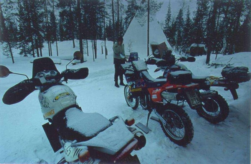 Our home was Peikkola hut (Troll's place) which was located at a distance of a few kilometres from Levi. Equipment included all the conveniences, in other words the fireplace, firewood, reindeer skins and sleeping bags and small outdoor toilet hut. Bikes from left Marko's BMW F650GS Dakar, Timo's KTM 640 Adventure and Pekka's BMW R1100GS. All riders wore handlebar mitts designed for snowmobiles. With mitts and the grip heaters thin neoprene glove was enough for riding even in the temperatures around -10 C.